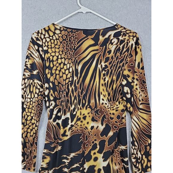Spense Brown Animal Print LS Faux Wrap V Neck Blouse Women's Large Stretch - Picture 7 of 11